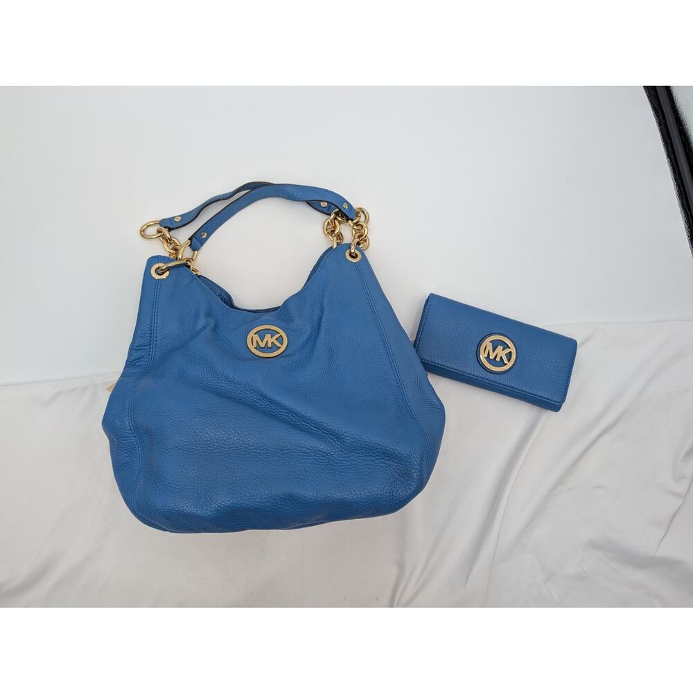 Michael Kors Fulton Chain Summer Blue Shoulder Tote Hobo NWT Matching Wallet **